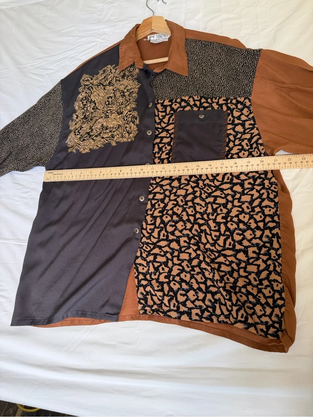 Together Patchwork Button-Up Shirt Jacket in Rust & Charcoal